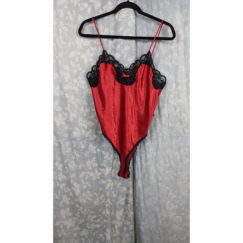 Vtg 80s Red Satin & Black Lace High Cut Bodysuit Sz Medium